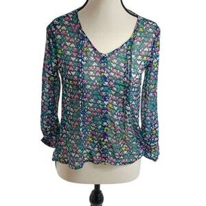 Mossimo Blouse Heart Print Geometric 3/4 Sleeve Button Down Multicolor Size XS